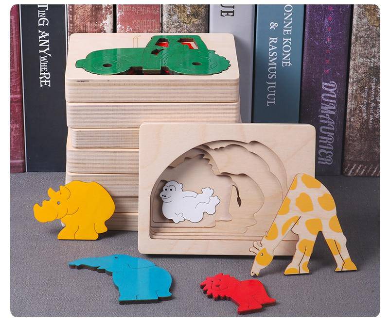 Mehrschichtiges 3D-Tierpuzzlespielzeug aus Holz