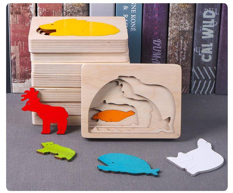 Mehrschichtiges 3D-Tierpuzzlespielzeug aus Holz