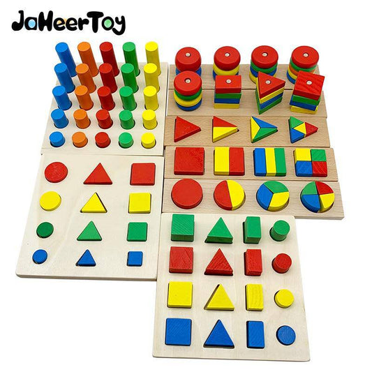 Set mit 8 hölzernen Montessori-Pädagogik-Puzzlespielzeugen mit geometrischer Form