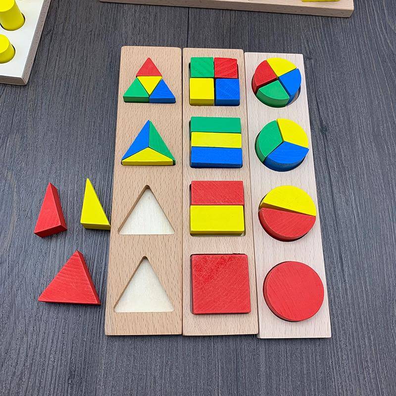 Set mit 8 hölzernen Montessori-Pädagogik-Puzzlespielzeugen mit geometrischer Form